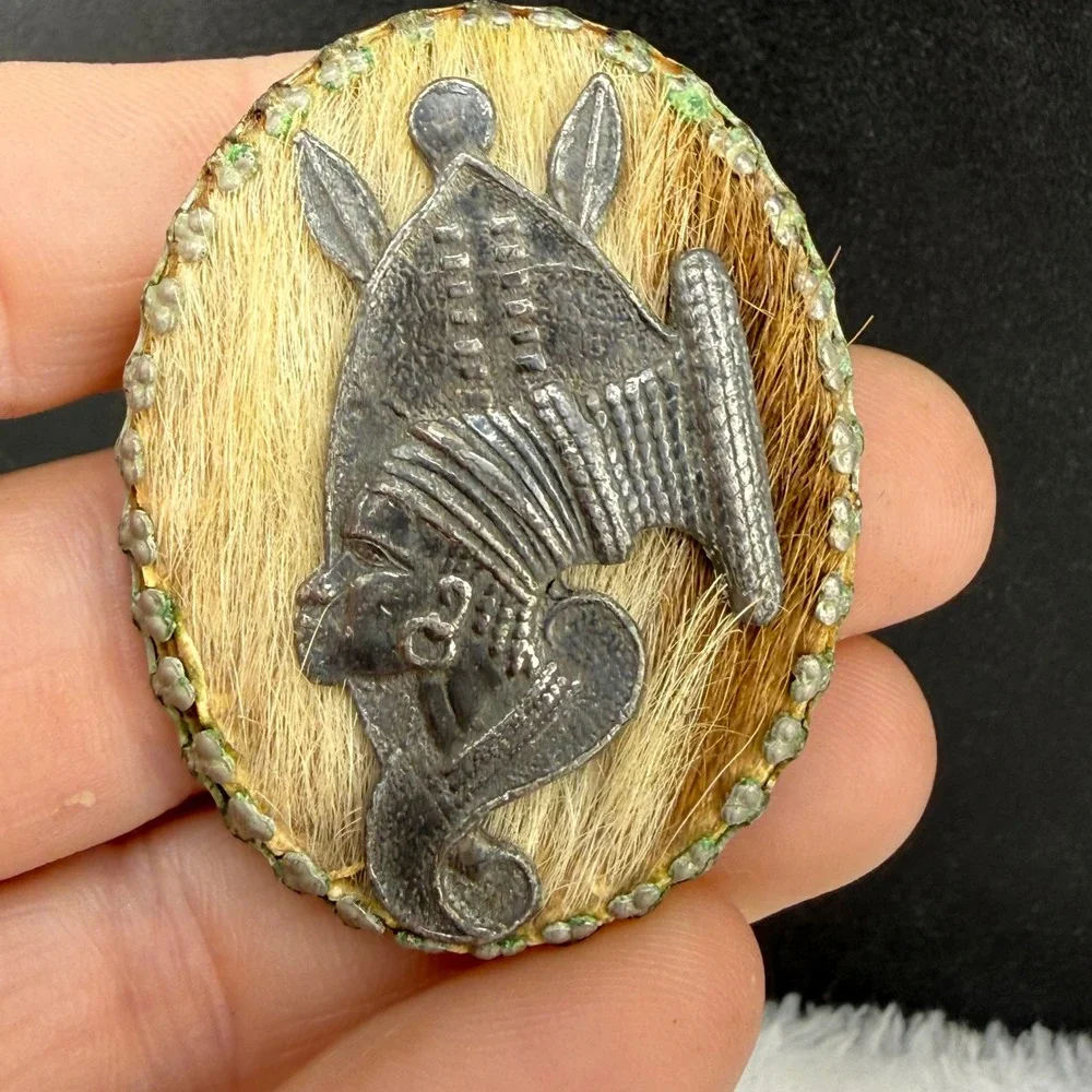 Vintage Africa Simba Brooch Silver Tan Fur Shield Woman Folk Art